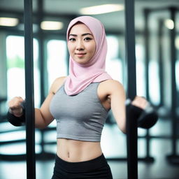 A young, beautiful Muslim Chinese girl wearing hijab sportswear, confidently working out in a gym and lifting weights.