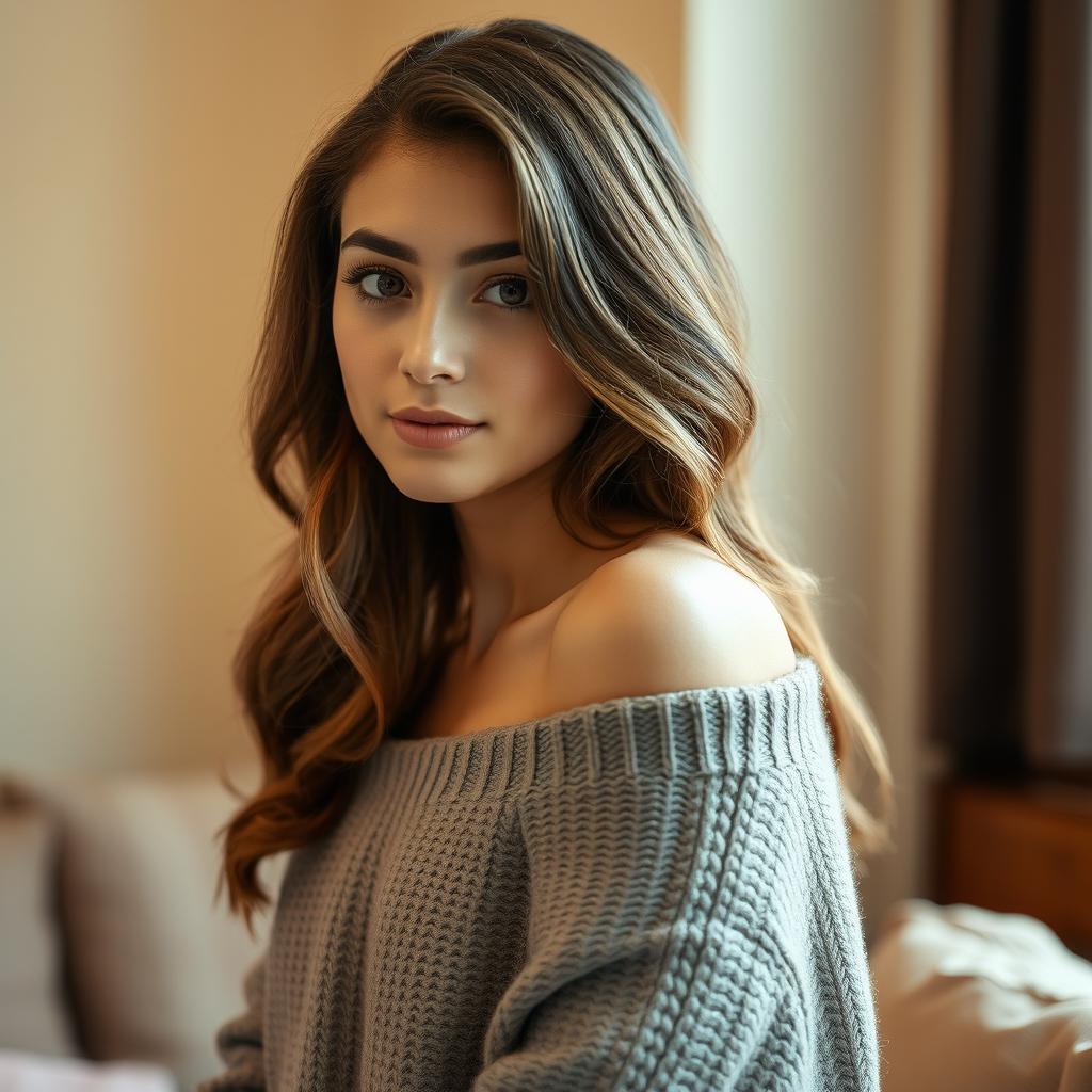A beautiful young woman wearing an off-the-shoulder sweater that elegantly drapes over her shoulder, showcasing a relaxed yet chic fashion style