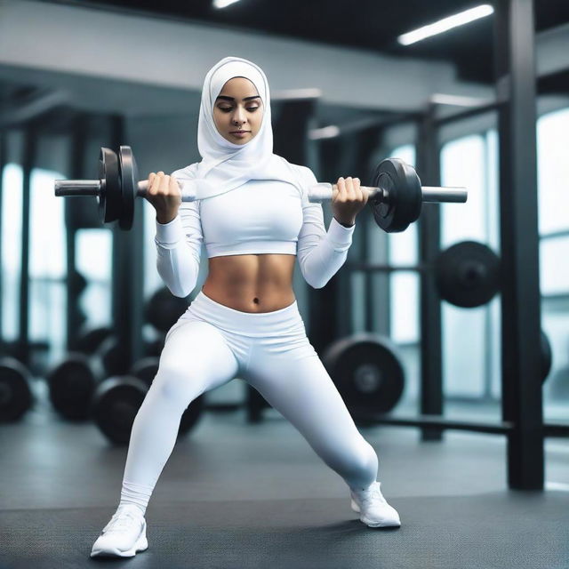 A young Muslim girl in white sportswear and a hijab, performing a workout in a gym, lifting a dumbbell