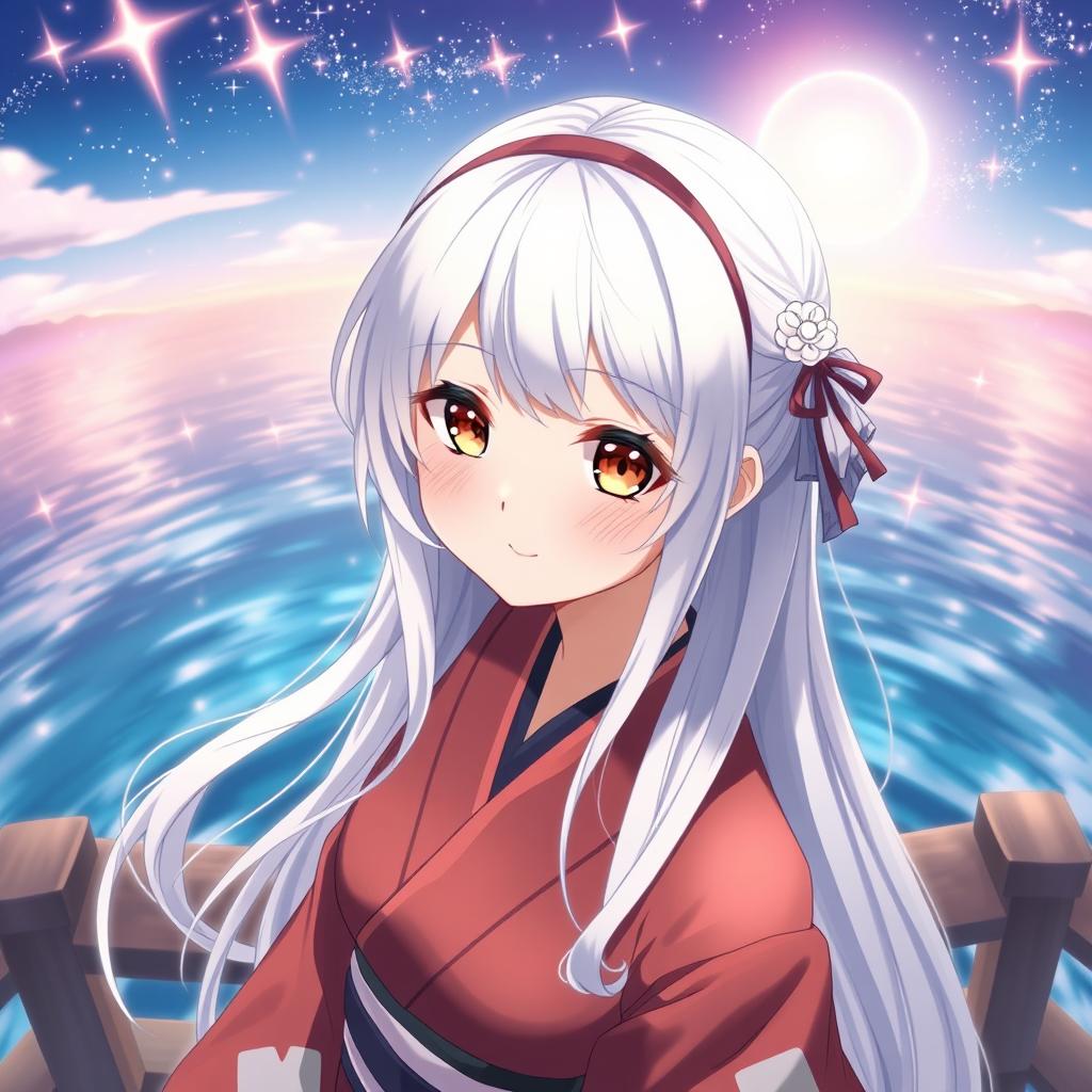 A beautiful girl from a gacha game, inspired by the shoukaku_kantaicollection, featuring long white hair adorned with a stylish hairband, and captivating brown eyes