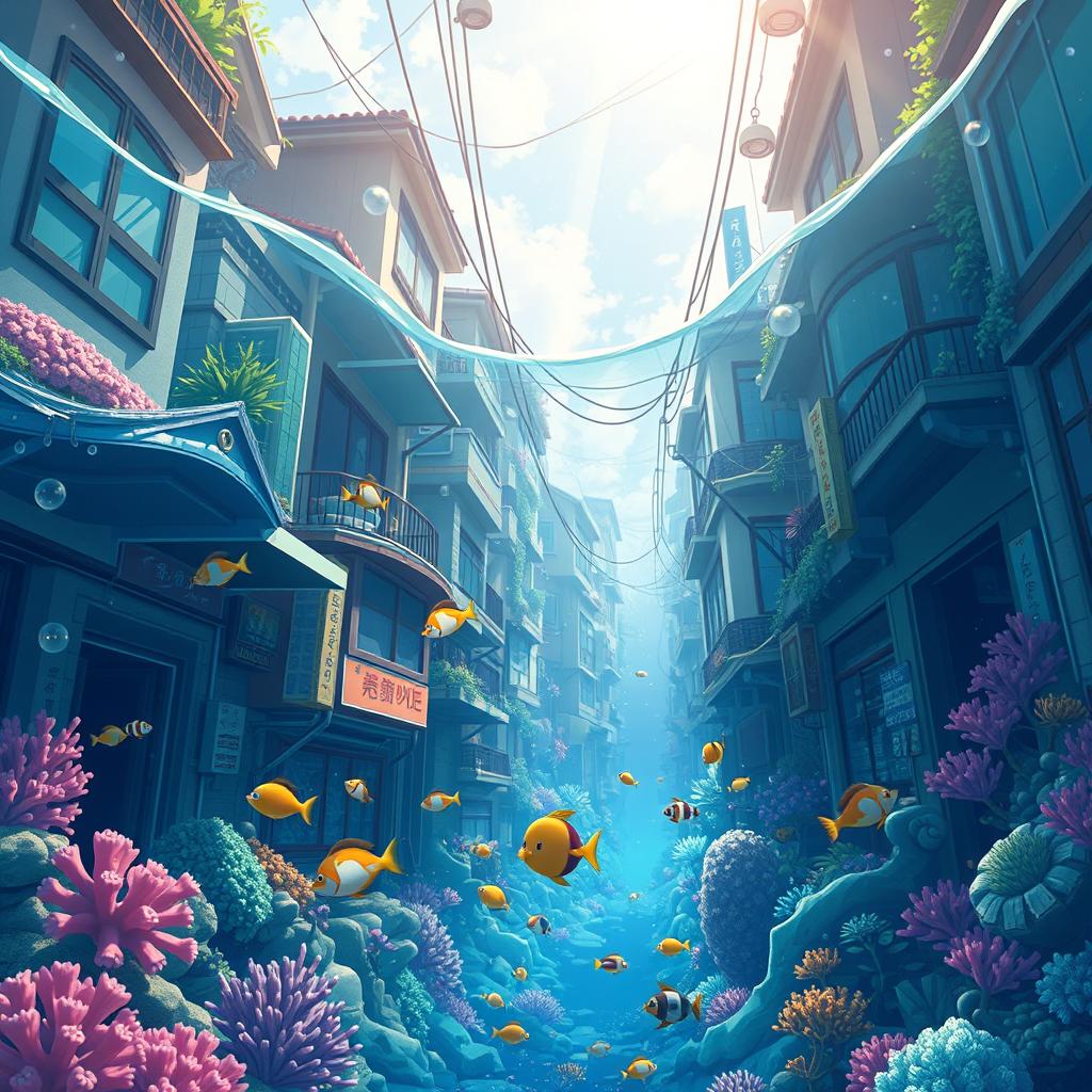 The scene depicts Japanese streets transformed into a vibrant underwater world, reminiscent of the animation style from the movie Ponyo