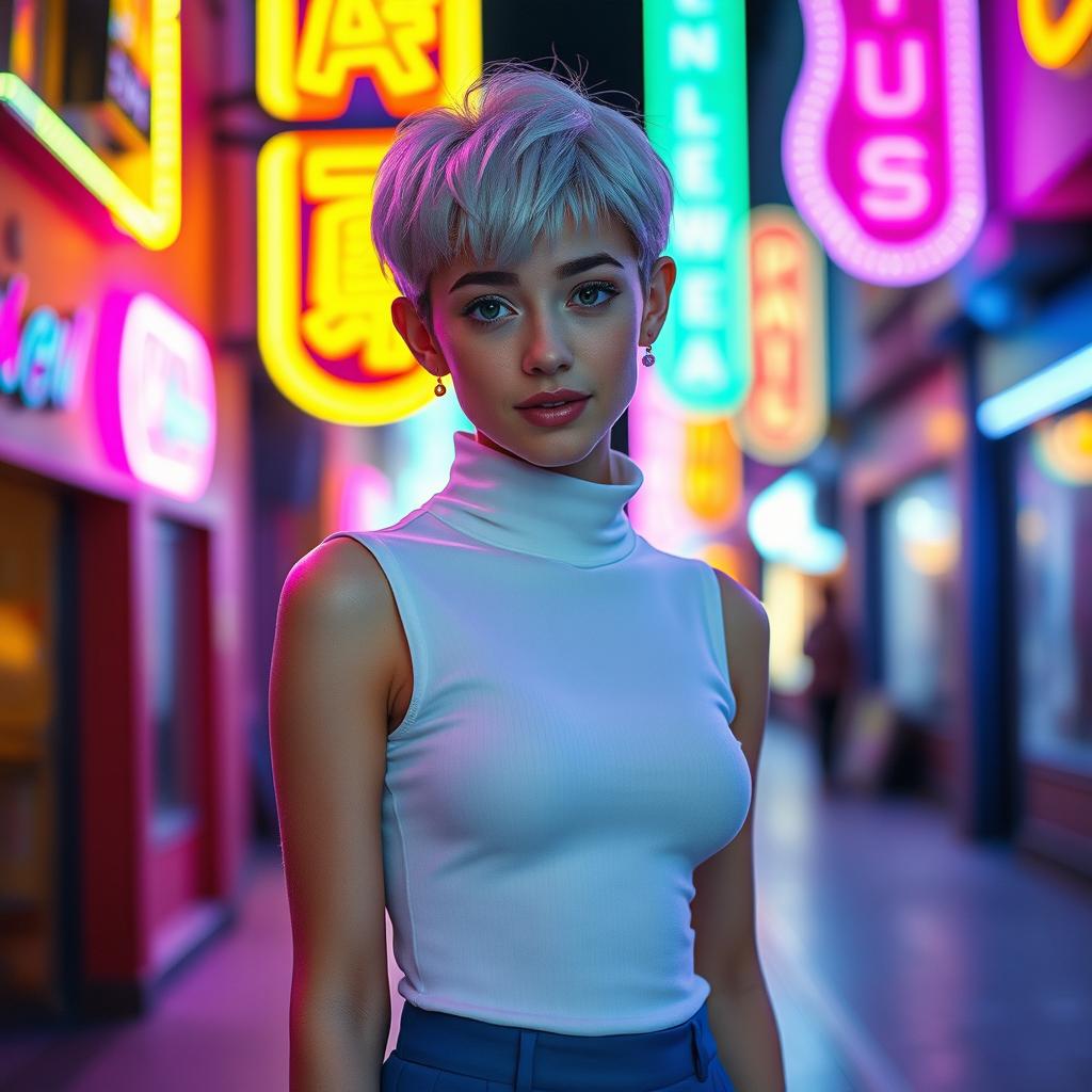 A full-length portrait of a 23-year-old girl with a cute face resembling Daenerys, featuring a short pixie hairstyle in white