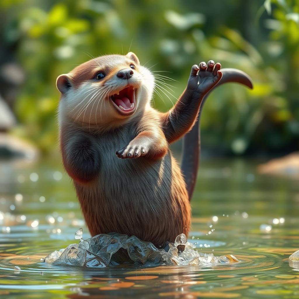 A photorealistic otter, incredibly cute and dancing joyfully