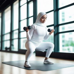 A young Muslim girl in white sportswear and a hijab, performing a workout in a gym, lifting a dumbbell