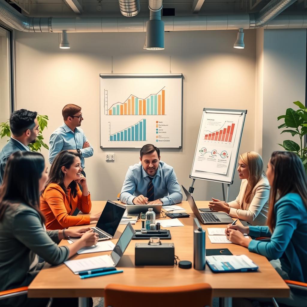 A visually engaging representation of a successful multi-level marketing (MLM) business meeting, featuring diverse professionals interacting in a modern office setting