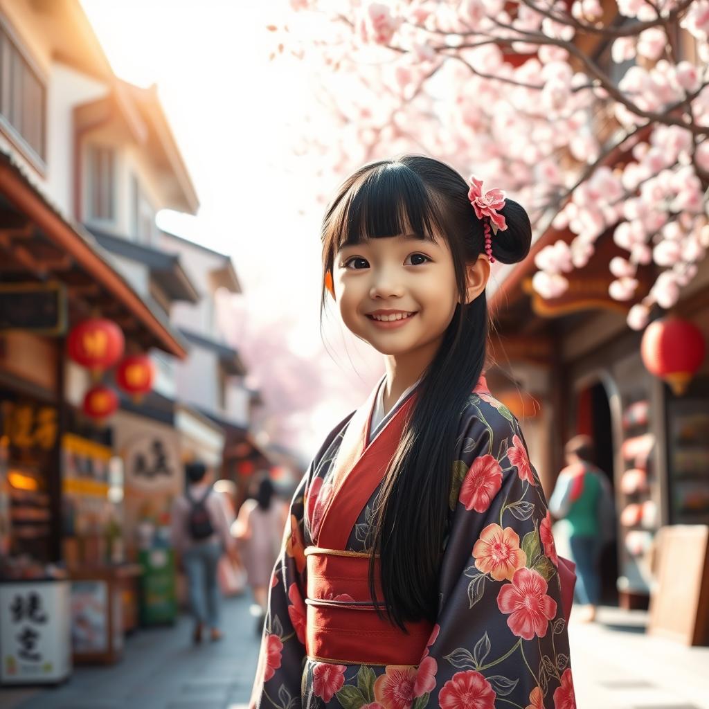 A young Japanese girl standing in a vibrant village square, surrounded by traditional Japanese architecture and bustling market stalls