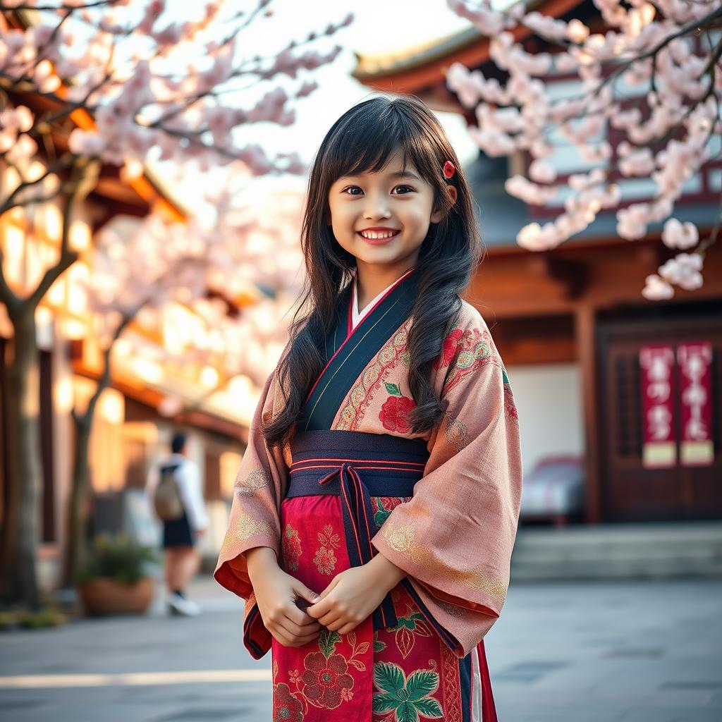 A young Japanese girl standing proudly in the village square, showcasing her full height and full body in a beautiful, vibrant setting