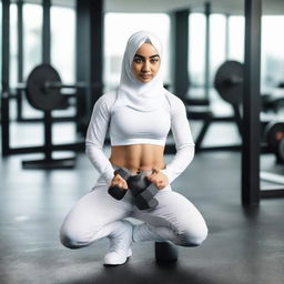 A young Muslim girl in white sportswear and a hijab, performing a workout in a gym, lifting a dumbbell