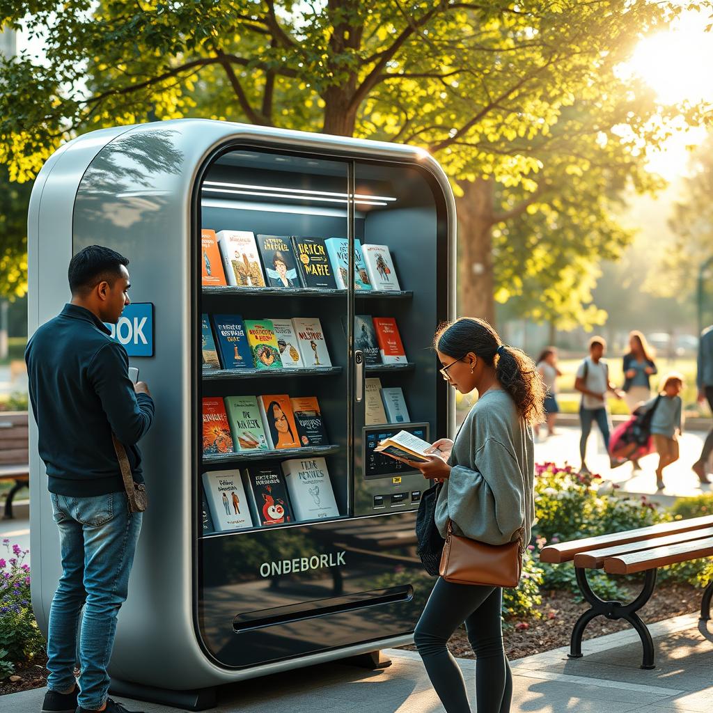 A futuristic public book vending machine located in a bright and bustling city park