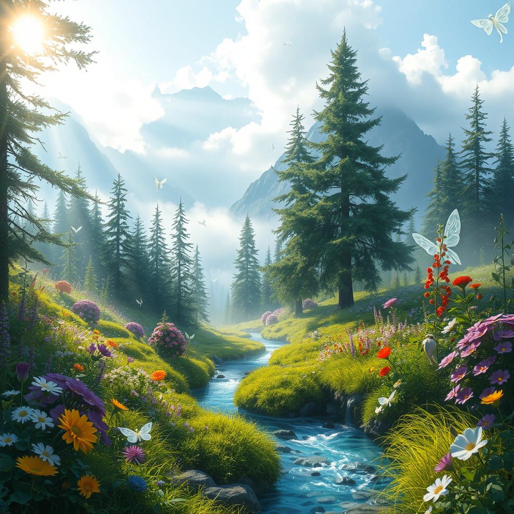 A serene and enchanting landscape showcasing a mythical forest filled with vibrant flora and mystical creatures
