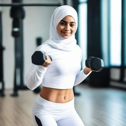 A young Muslim girl in white sportswear and a hijab, performing a workout in a gym, lifting a dumbbell