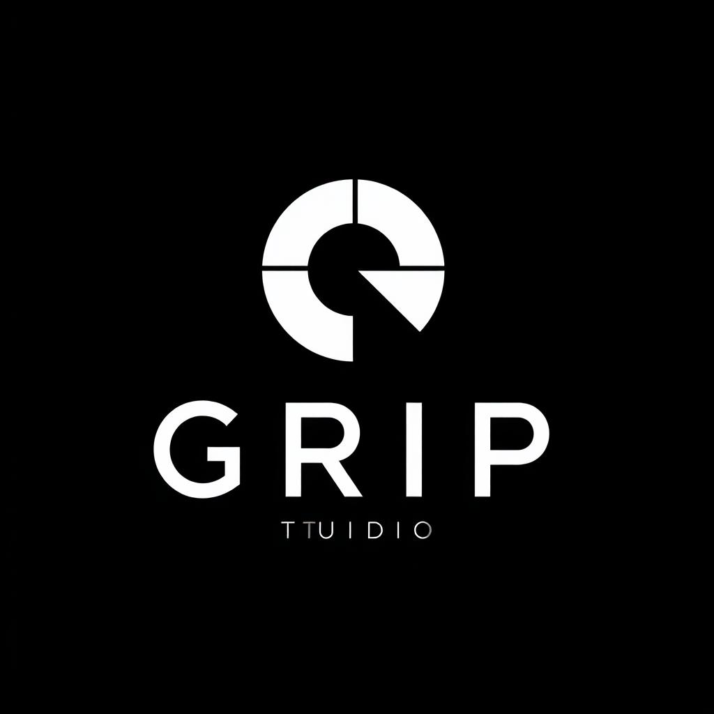 A bold, minimalist logo for a digital marketing agency called Grip Studio, featuring a highly abstract and geometric 'G' icon that embodies tension, control, and precision