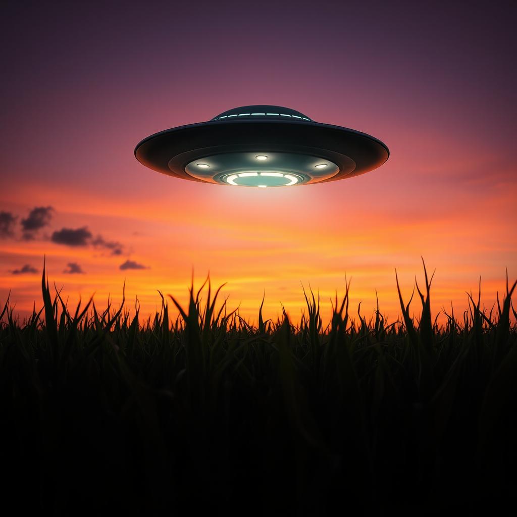 A dramatic and captivating raw photograph of a UFO hovering above a vast cornfield