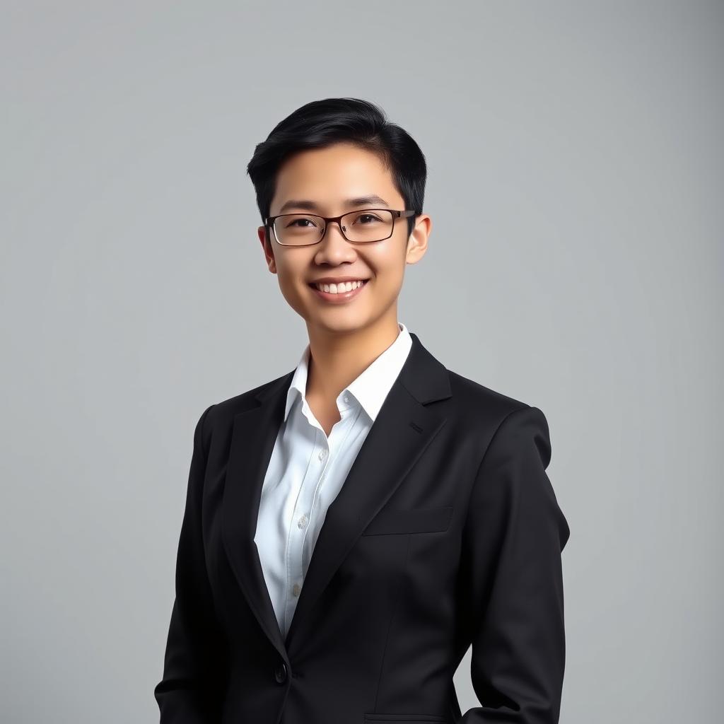 A professional portrait suitable for a CV, featuring a well-dressed individual in business attire, standing confidently against a neutral background