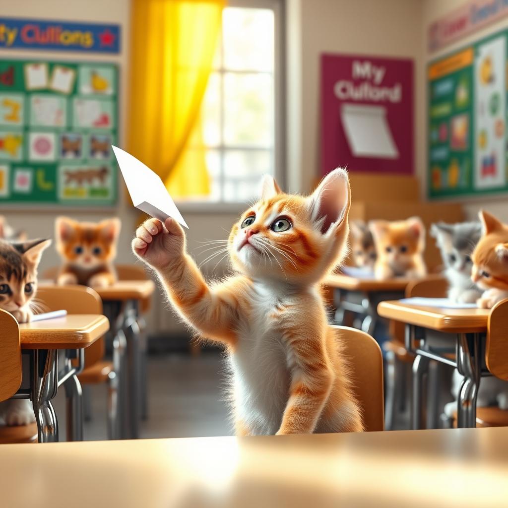 A realistic classroom scene featuring a cute yellow kitten sitting at a desk, looking up at its classmates with big, curious eyes