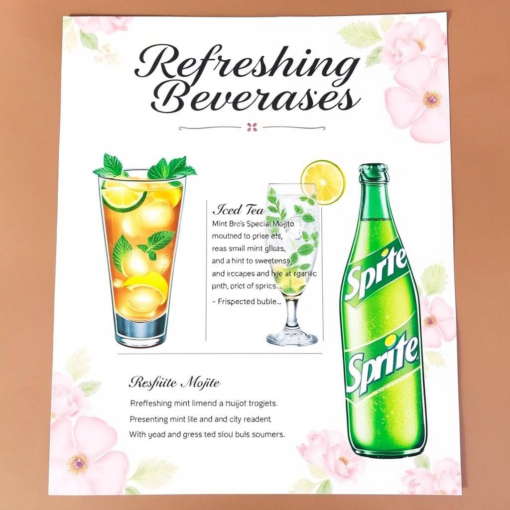 A beautifully designed menu featuring a summer beverage selection