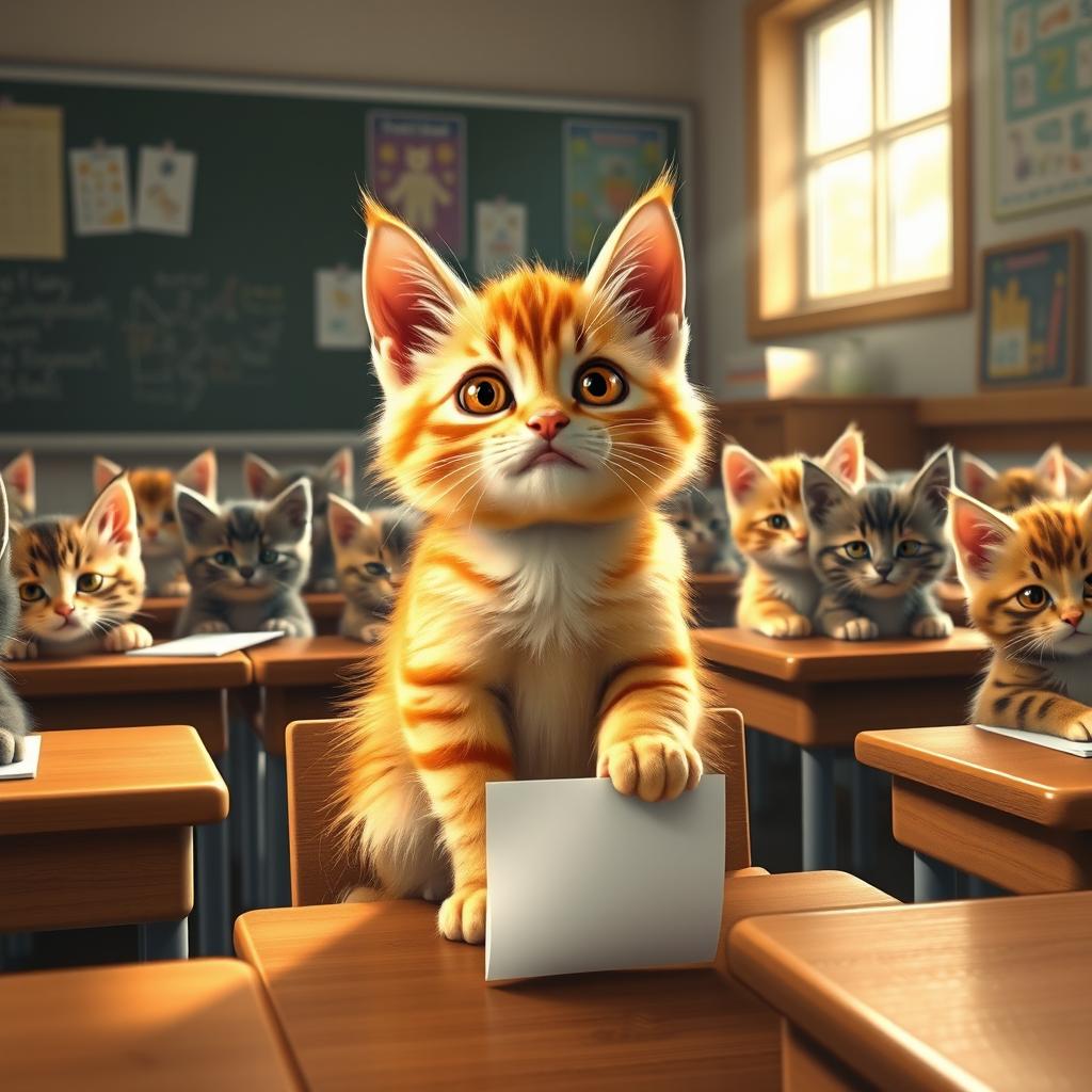 A realistic depiction of a cute yellow kitten sitting at a classroom desk, looking up with big, pleading eyes, begging for a piece of paper