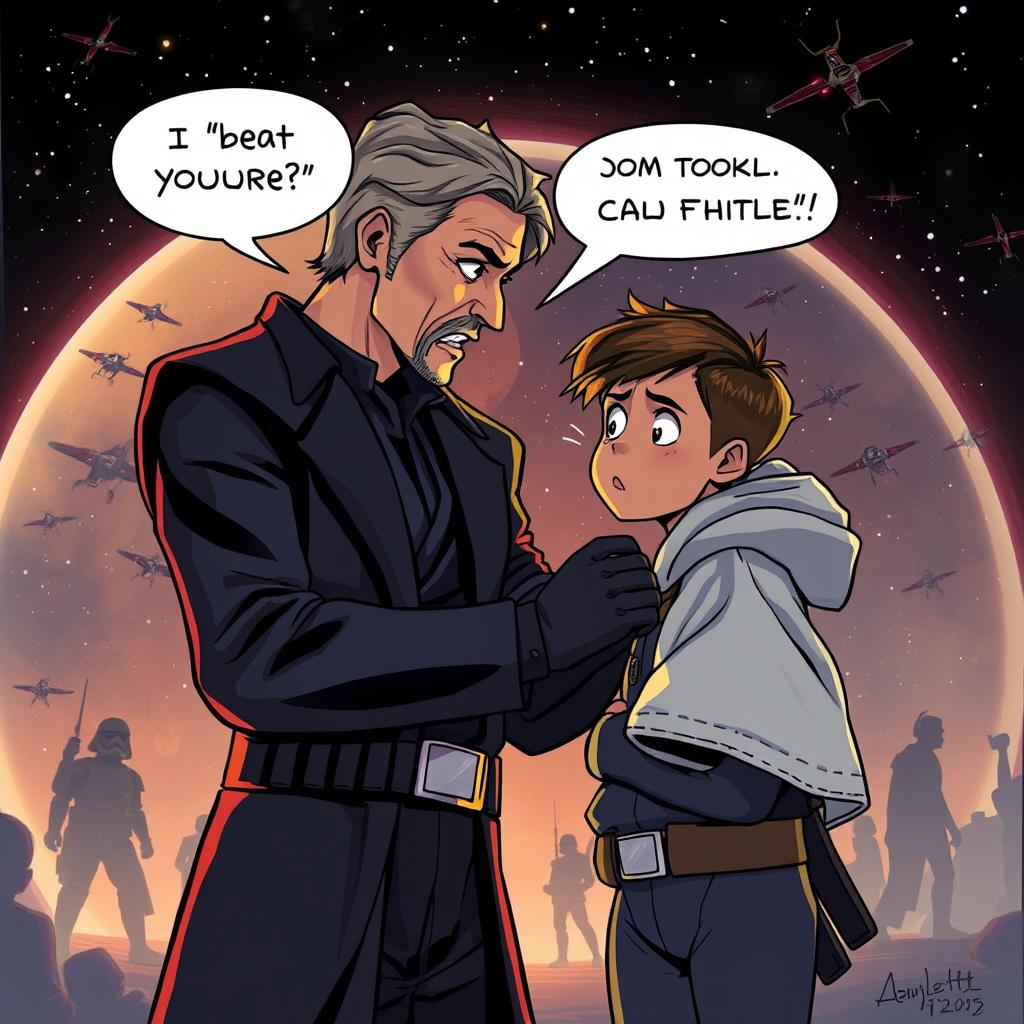 An illustrated scene depicting a dramatic moment reminiscent of a famous pop culture reference where a character reveals their true identity in a powerful way, similar to the iconic 'I am your father' scene from Star Wars