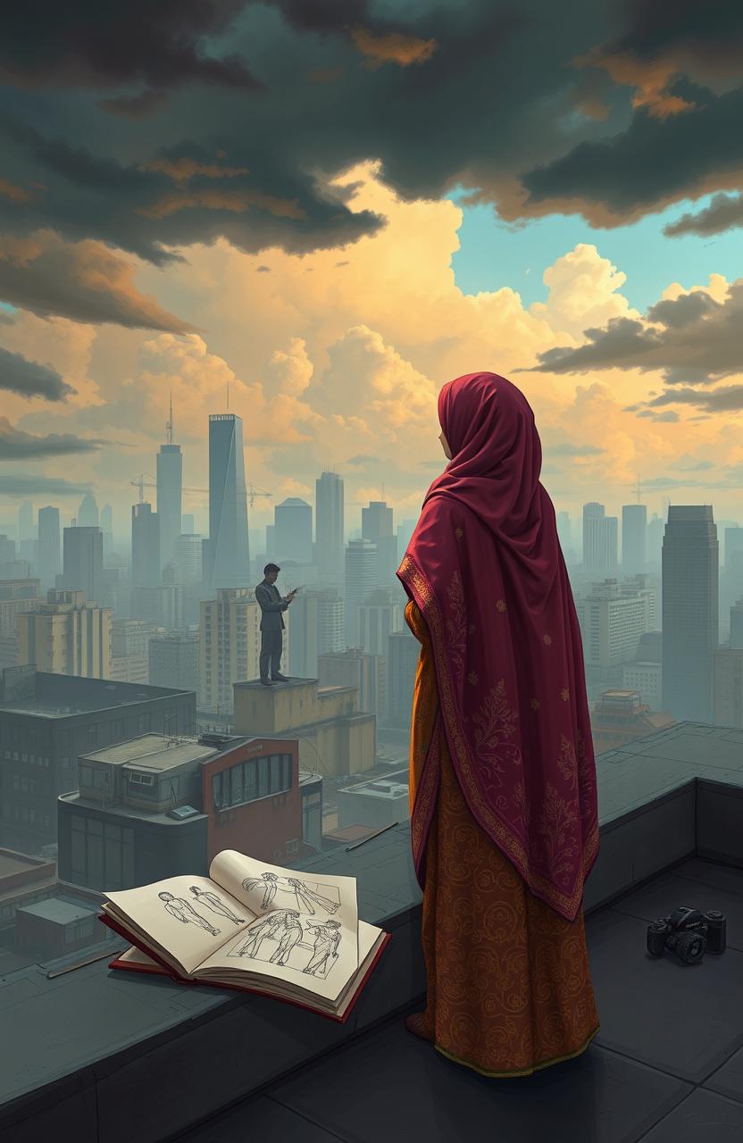 A gripping and emotional scene illustrating the story of Fajar, a young Muslim woman with an ambitious spirit studying fashion design, standing on a city rooftop looking over the skyline, contemplating her struggles with love and acceptance
