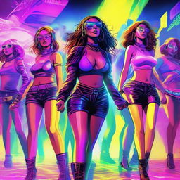 Vibrant, high-energy 90s neon cyberpunk-themed digital art of a bustling rave party with pulsating lights, lasers, and smoke. Illustrate girls in colorful outfits, energetically dancing on the crowded dance floor.