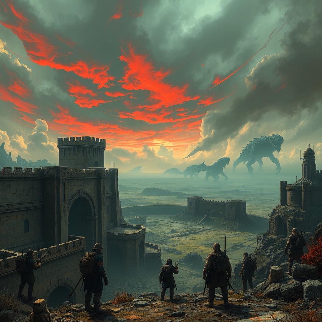 An expansive and vivid depiction of a wasteland world inspired by 'Beneath The Aeigs (Godstrak)', showcasing a harsh landscape inhabited by monstrous creatures