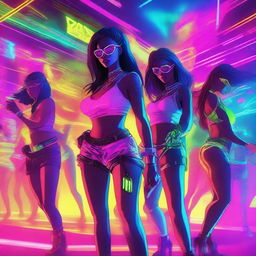 Vibrant, high-energy 90s neon cyberpunk-themed digital art of a bustling rave party with pulsating lights, lasers, and smoke. Illustrate girls in colorful outfits, energetically dancing on the crowded dance floor.