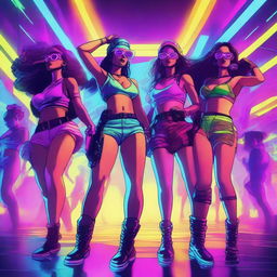 Vibrant, high-energy 90s neon cyberpunk-themed digital art of a bustling rave party with pulsating lights, lasers, and smoke. Illustrate girls in colorful outfits, energetically dancing on the crowded dance floor.