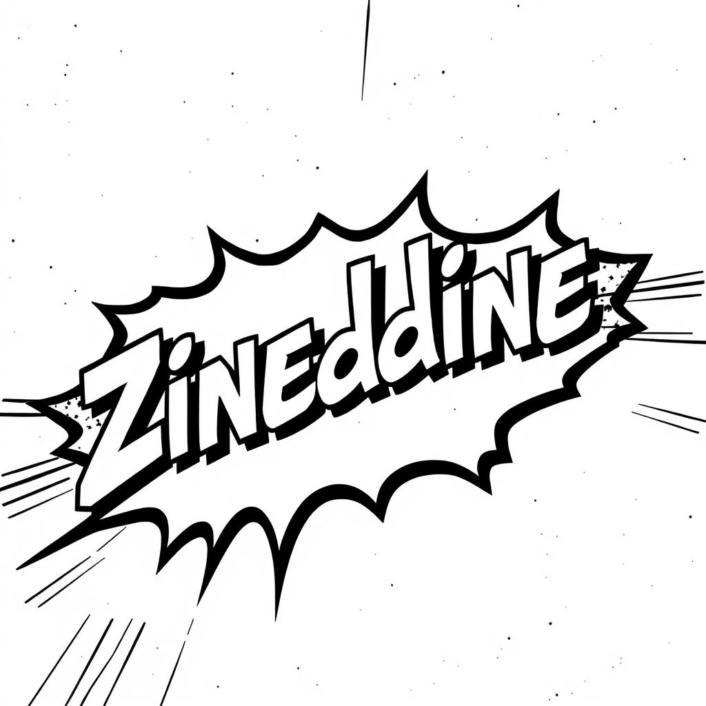 A comic book panel featuring the name 'Zineddine' prominently displayed in a bold and graphic style that matches the aesthetic of the existing panels