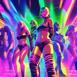 Vibrant, high-energy 90s neon cyberpunk-themed digital art of a bustling rave party with pulsating lights, lasers, and smoke. Illustrate girls in colorful outfits, energetically dancing on the crowded dance floor.