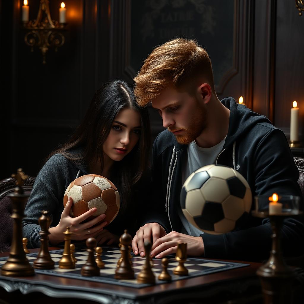 A dark romance themed couple portrait featuring a beautiful brunette girl deeply engaged in a game of chess, her expression intense and contemplative