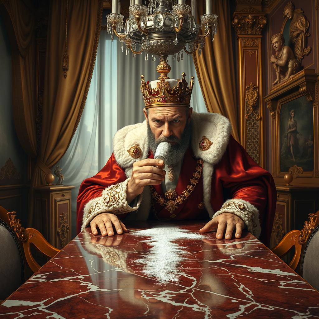 An artistic portrayal of the King of the Netherlands in a lavish, opulent room filled with royal decor