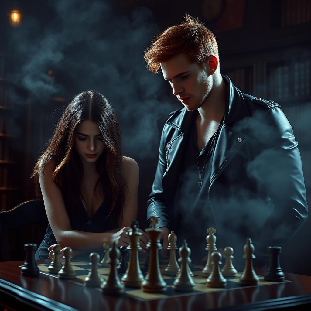 A dark romance themed image featuring a brunette girl intensely focused on playing chess, her long hair cascading over her shoulders