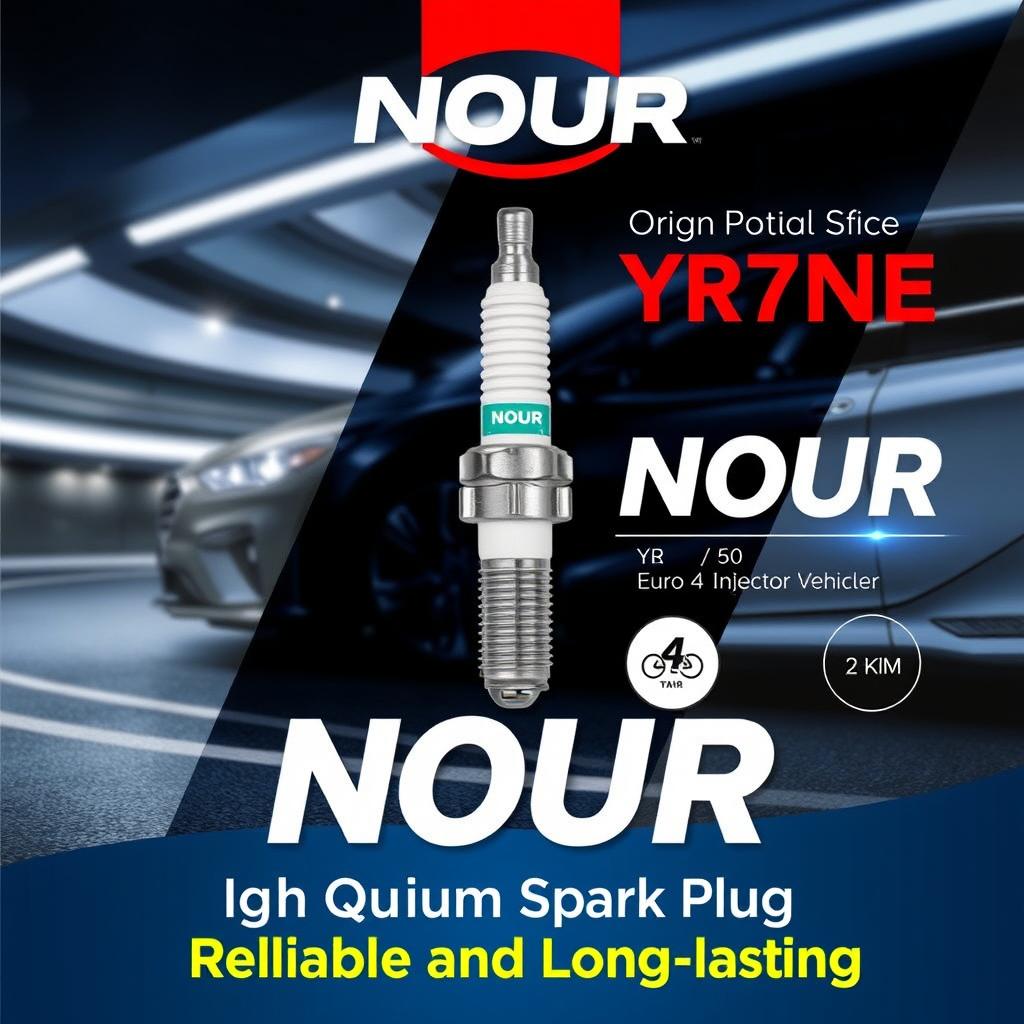 A visually striking poster showcasing the NOUR Iridium spark plug, model YR7NE, designed for Euro 4 injector vehicles