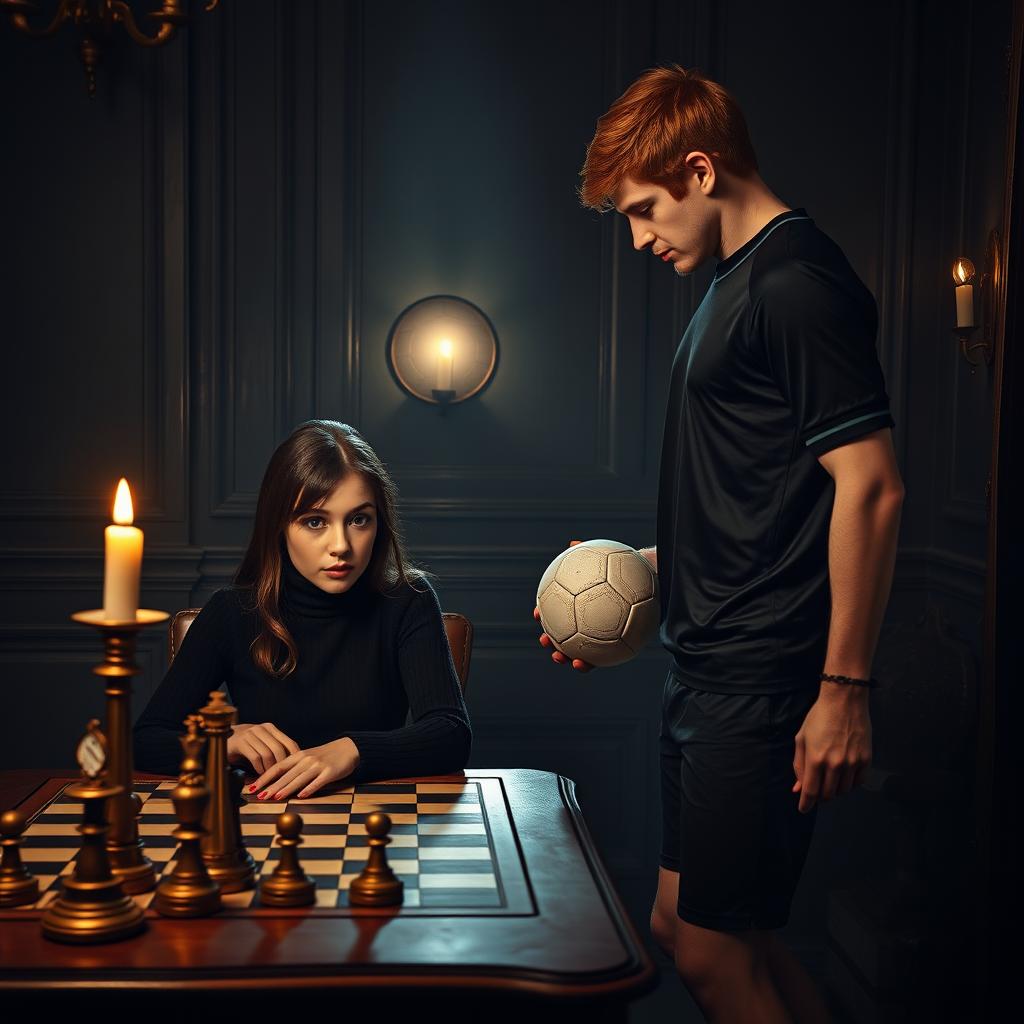 A dark romance-themed image featuring a brunette girl sitting at a chess board, deeply focused on her next move, wearing a stylish black turtleneck sweater