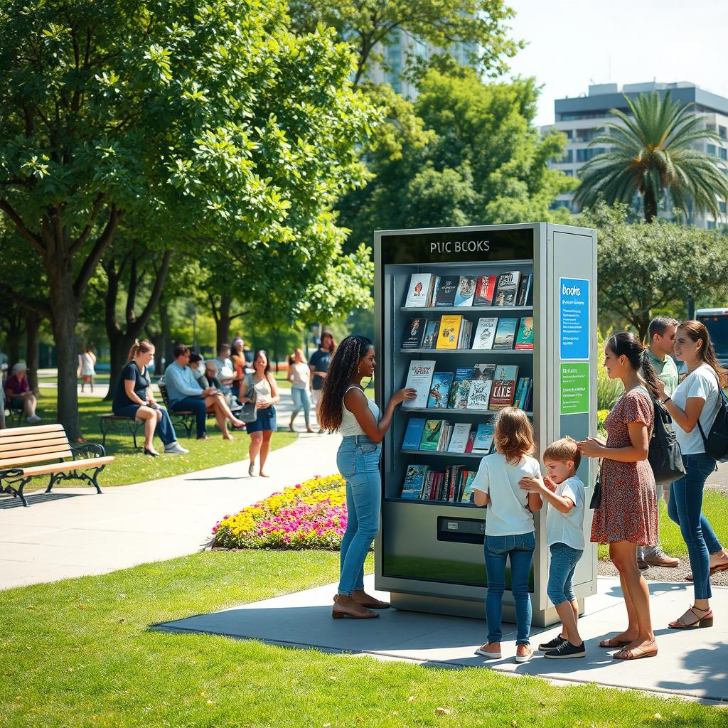 A public book vending machine set in a lively urban park