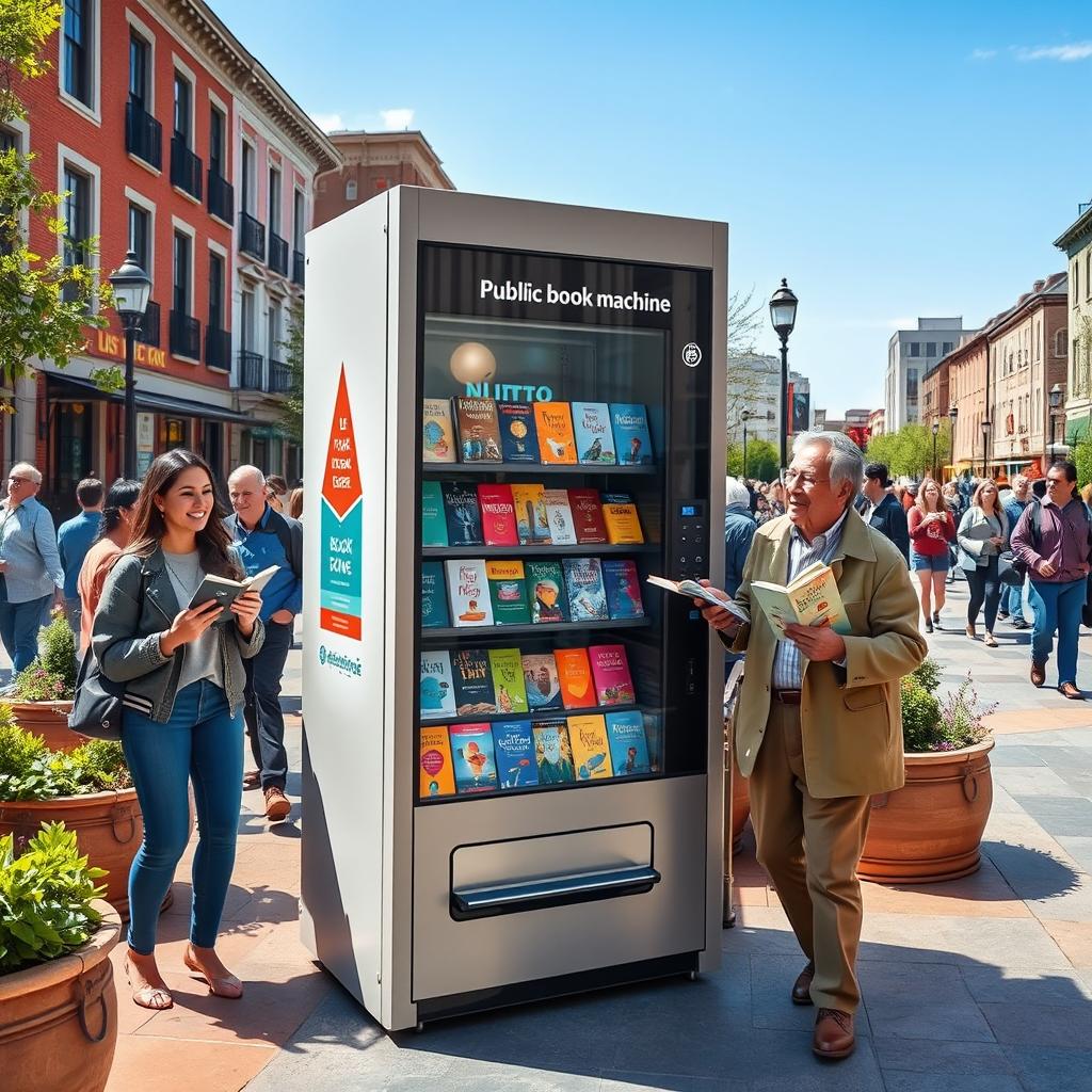 A charming public book vending machine situated in a vibrant urban plaza, surrounded by pedestrians