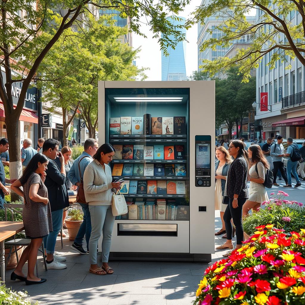A creative public book vending machine set against a bustling urban backdrop, featuring a sleek, modern design that highlights a vibrant display of books including thrillers, classics, and self-help titles