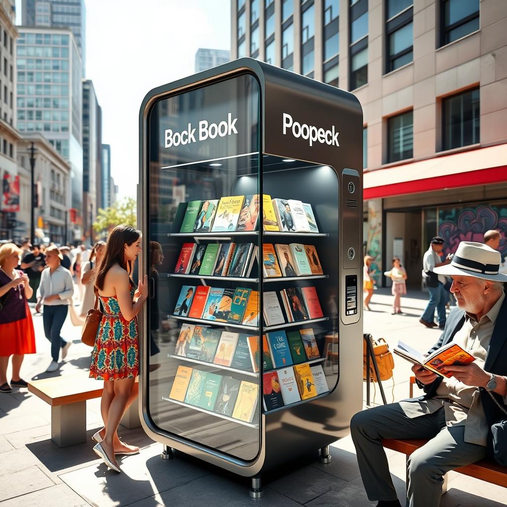 A modern public book vending machine located in a busy city square