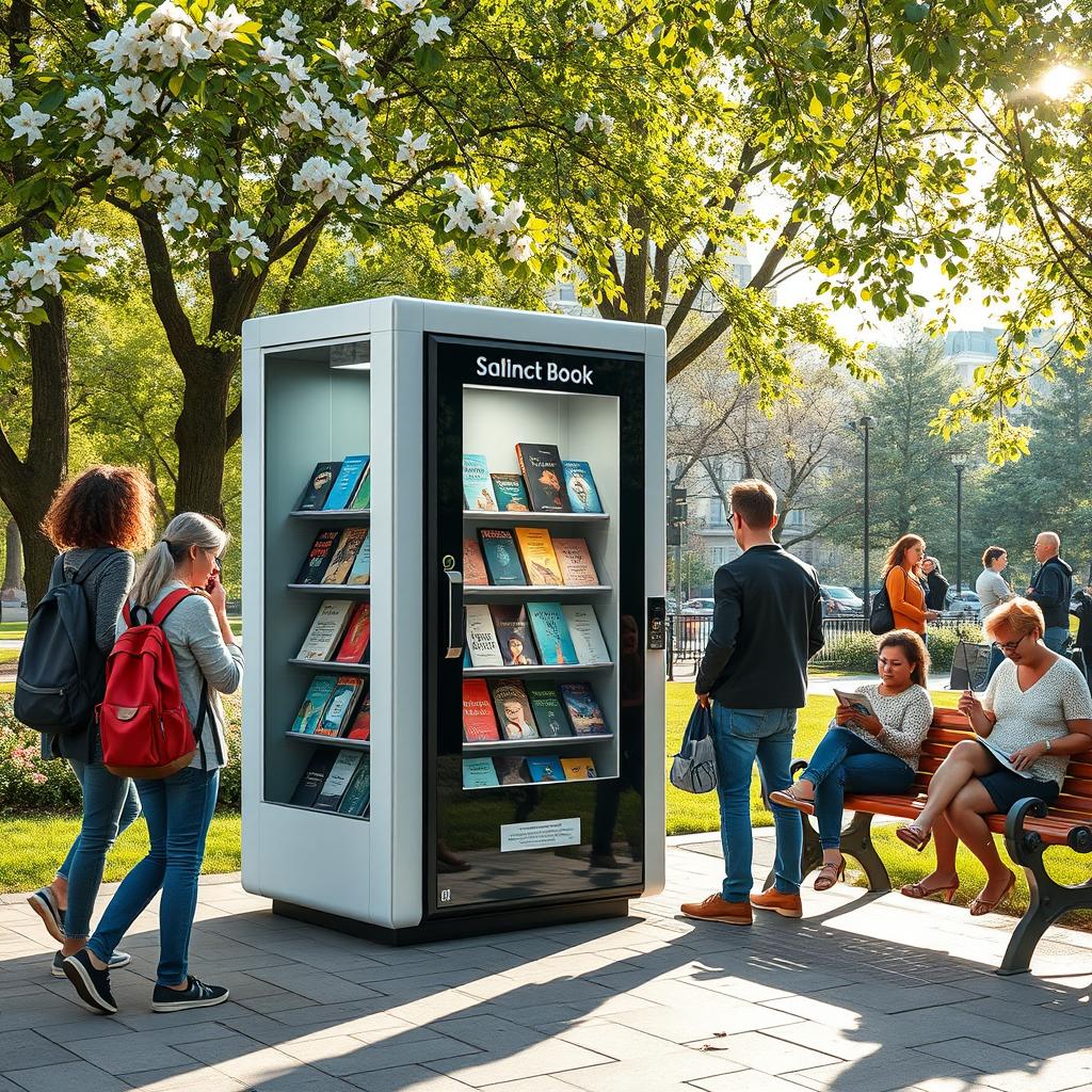 An innovative public book vending machine located in a lively city park, designed with a modern touch featuring a clear glass front that showcases a variety of books in vibrant colors
