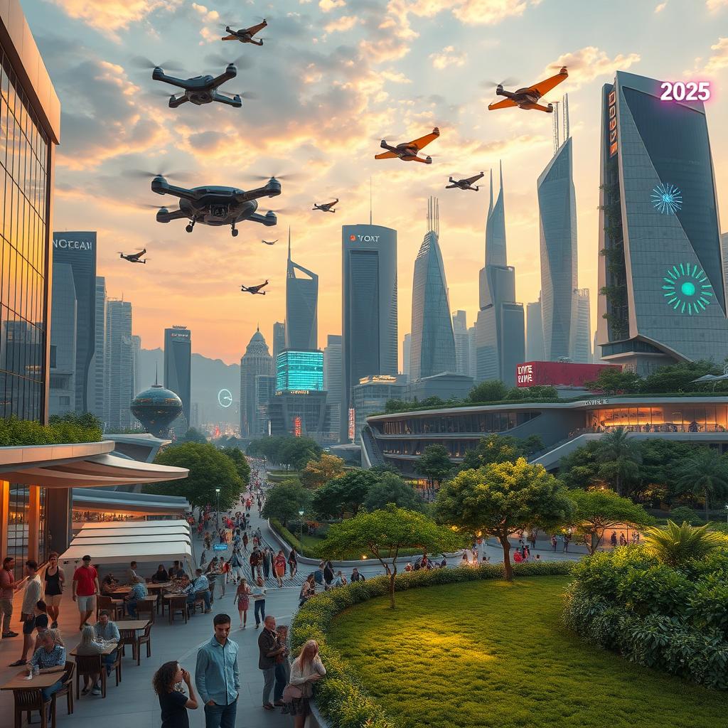 A futuristic cityscape in the year 2025, showcasing advanced architecture with sleek, modern buildings, flying vehicles zipping through the sky, and vibrant greenery integrated into the design