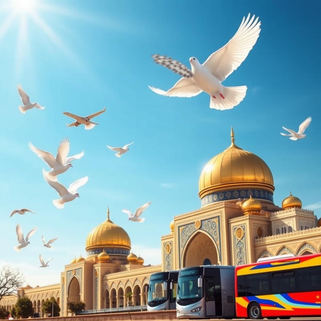 A stunning promotional image featuring the beautiful shrine of Imam Reza, adorned with exquisite architectural details and glistening golden domes