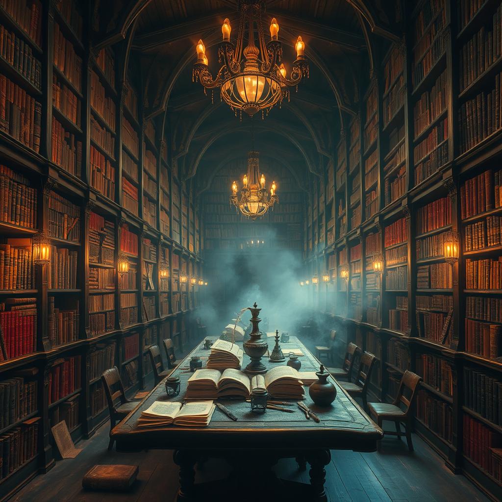 A mystical library filled with ancient, towering bookshelves, each lined with weathered leather-bound tomes, glowing slightly in the dim light of old chandeliers