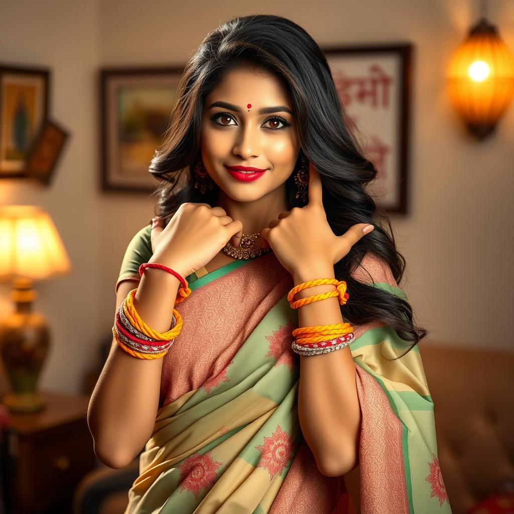 A beautiful Indian girl in a traditional saree, gracefully draped, showcasing intricate patterns and vibrant colors, exuding elegance and allure