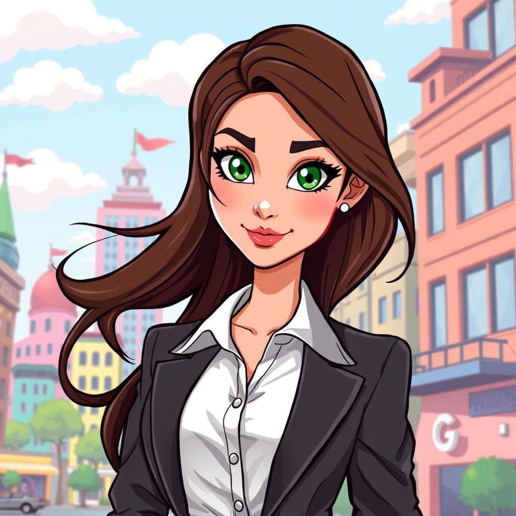 A professionally cartoonized portrait of a young woman with long, flowing brunette hair and striking green eyes