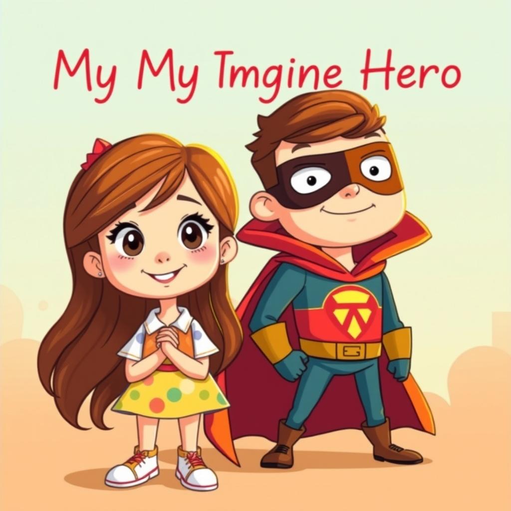 A captivating book cover titled 'My Imagine Hero', showcasing a sweet girl alongside a superhero man with a cool costume design