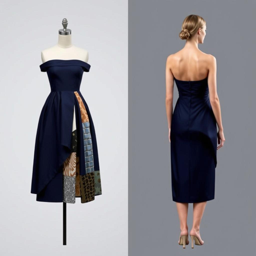 A stunning, innovative dress design showcasing half of a classic navy blue off-shoulder dress, with the other half creatively composed of repurposed materials from the same original dress