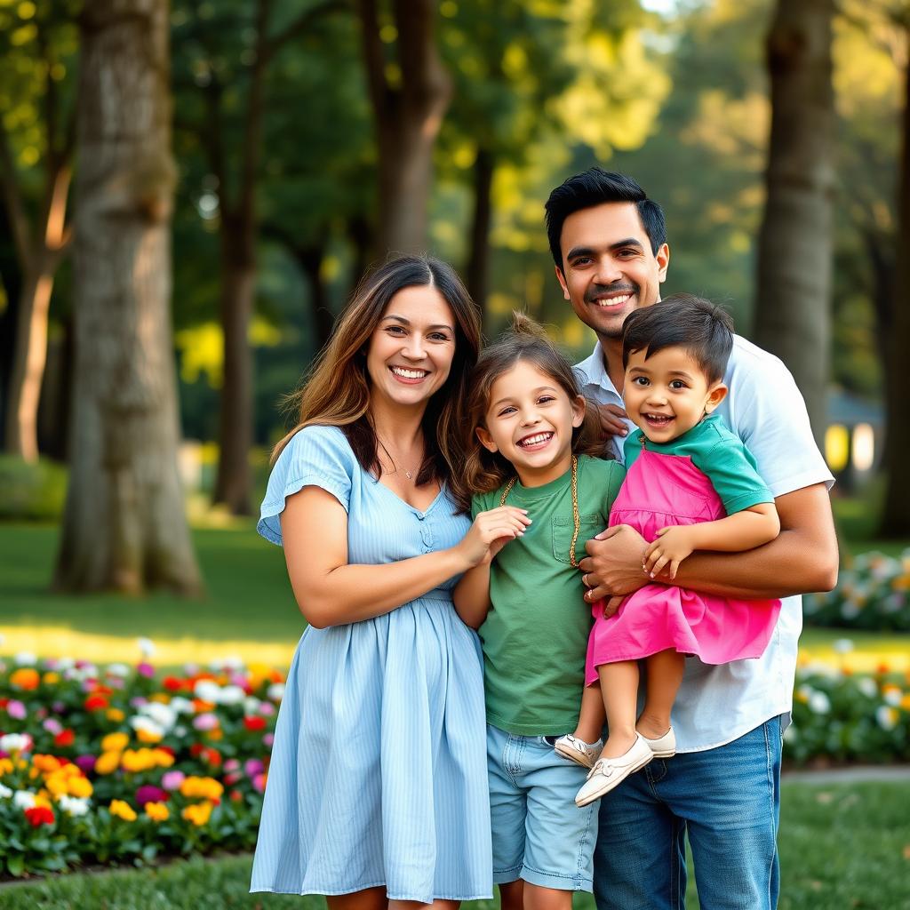 A heartwarming family portrait showcasing a diverse family of four: a loving mother and father, with their two children - a playful young girl and a cheerful young boy