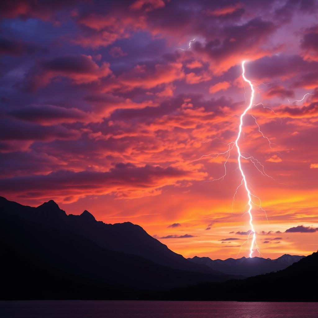 A stunning landscape with a dramatic lightning bolt striking in the background