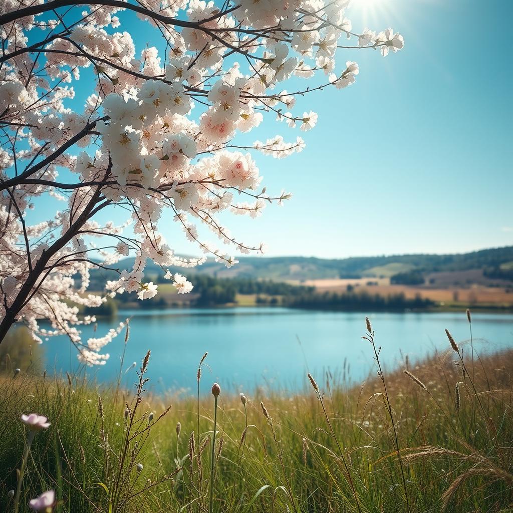A stunning aesthetic scene capturing a dreamy landscape with soft pastel colors, featuring blossoming cherry blossom trees in full bloom, a tranquil lake reflecting the clear blue sky, and a serene rolling countryside in the background