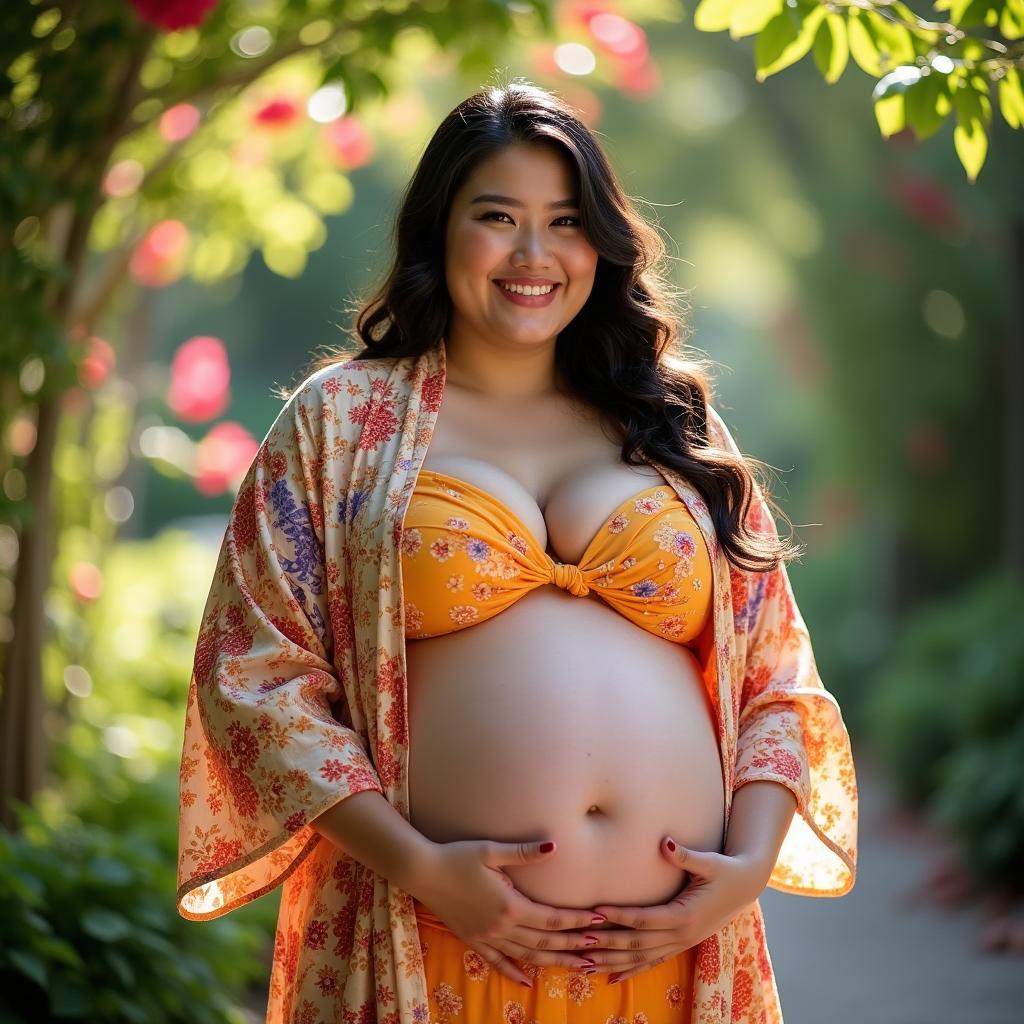 A stunning portrait of a confident woman with a giant belly, showcasing her radiant smile and strong presence